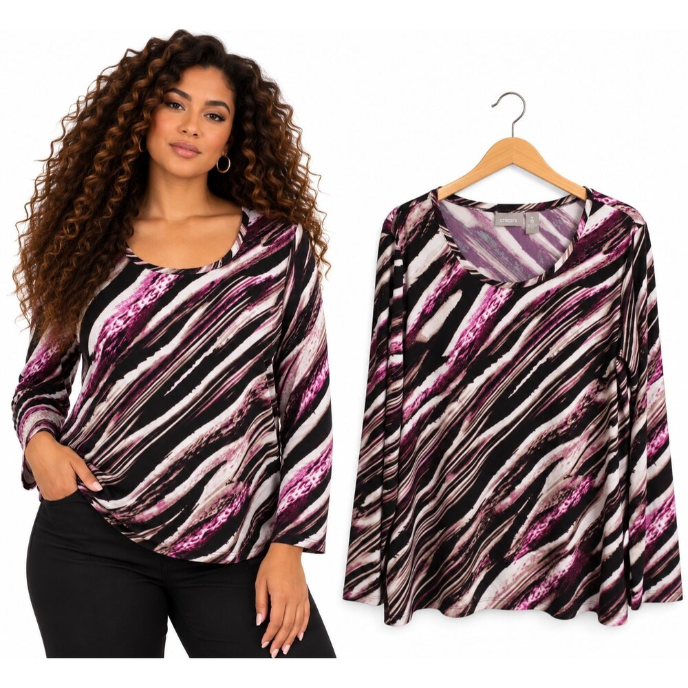 Chicos Knit Top Size Large Long Sleeve Purple Black Abstract Stripe Stretch